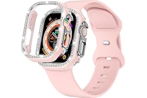 XYF Compatible for Pink Apple Watch Bands 44mm 45mm 46mm 42mm 45mm 40mm 38mm 49mm Women with Bumper Case, Silicone Strap Glitter Bling Face Cover for iWatch SE Ultra 3 2 Series 11 10 9 8 7 6 5 4 3 2 1