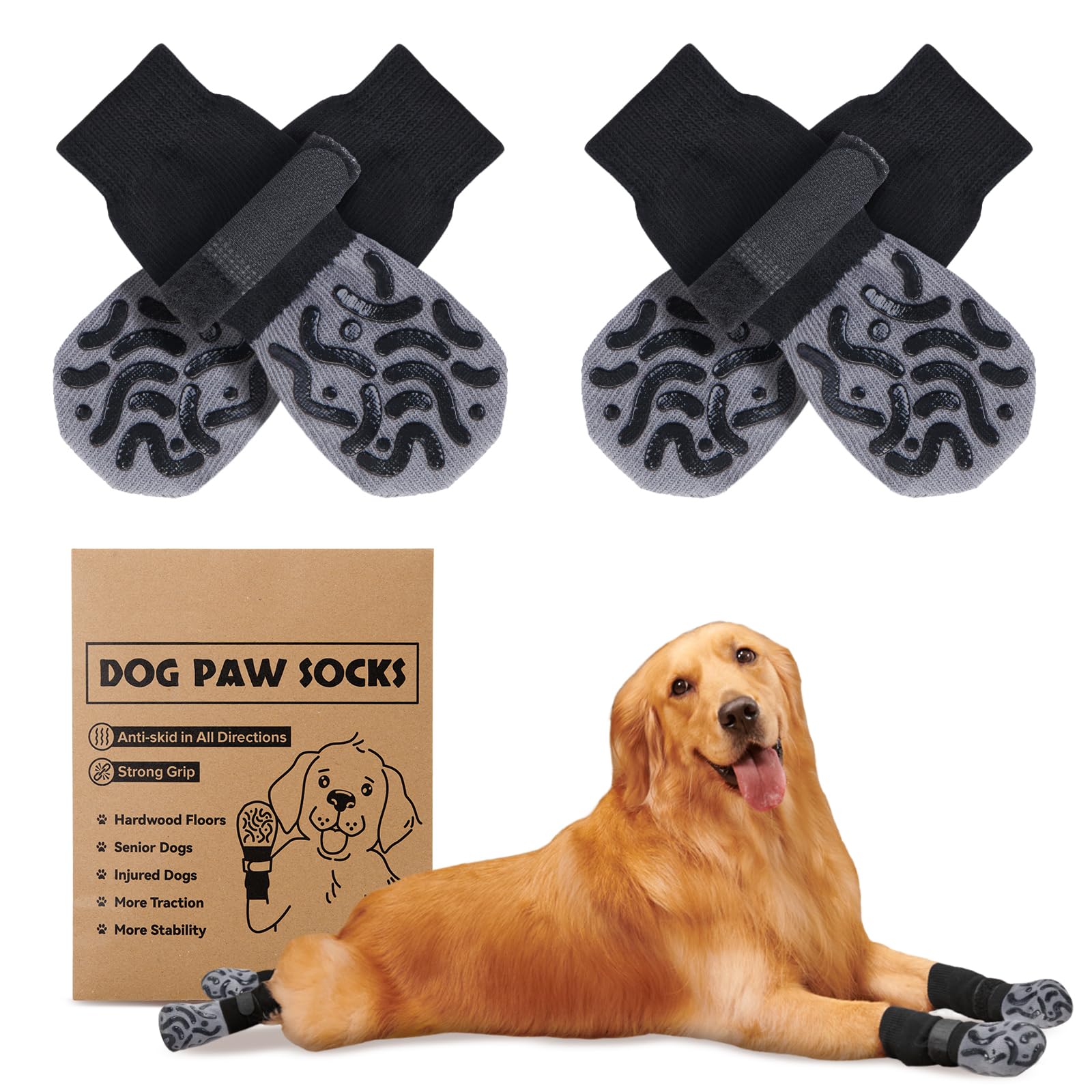 2 Pairs Dog Socks Paws Stop Licking, Anti Slip Dog Socks with Grips Strong Traction, Adjustable Dog Paw Protectors Prevent Scratching for Senior Dogs Hardwood Floors Indoor Walking, Size XS
