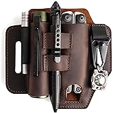 Topstache Multitool Sheath for Belt - EDC Belt Organizer - Leather Multitool Holster with Flashlight Holder, Elastic Band Pen Holder and Keychain Clip - Multitool Holder - Multitool Pouch, Darkbrown