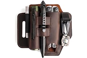 Topstache Multitool Sheath for Belt - EDC Belt Organizer - Leather Multitool Holster with Flashlight Holder, Elastic Band Pen Holder and Keychain Clip - Multitool Holder - Multitool Pouch, Darkbrown