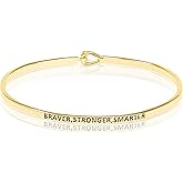 SM Inspirational Positive Message Engraved Thin Cuff Bangle Bracelets for Women (Braver,Stronger,Smarter - Gold)