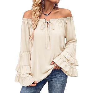 Scarlet Darkness Women Renaissance Shirt Off Shoulder Pirate Tops | Ruffle Bell Sleeve, Casual Loose Fit, Medieval Pirate Cos