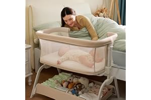 HARPPA Cuddly Bassinet, 2 in 1 Baby Bassinet with Breathable Mesh and Mattress, 6 Height Adjustable, Bedside Sleeper with Anchor Strap, Storage Basket and Wheels, Beige