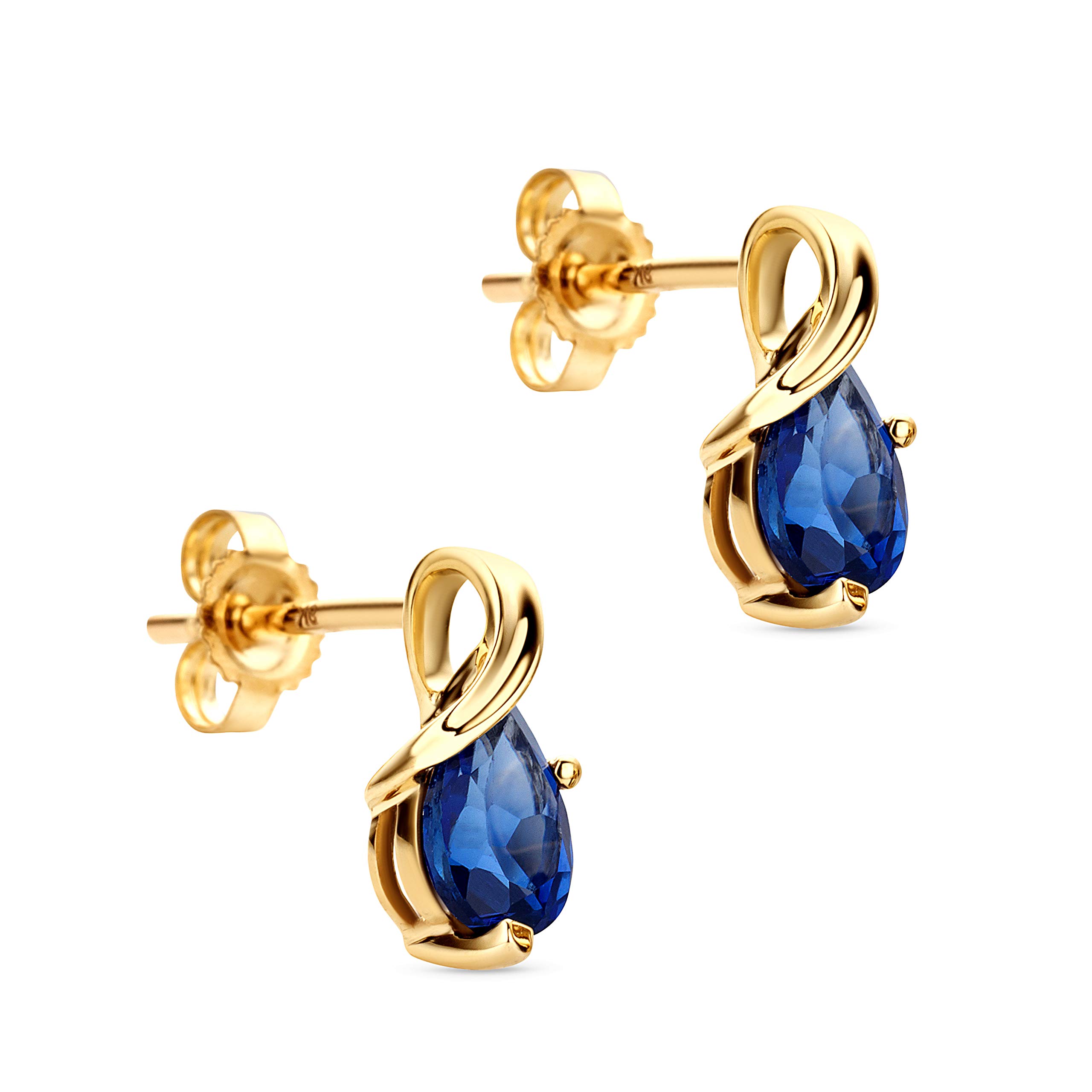 Orovi Pear-Shaped Yellow Gold Earrings for Women with Sapphires in 9 Carat Gold, Hypoallergenic Earrings - Handmade, including jewellery box