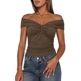 Darong Women Summer Twist Knot Front Off The Shoulder Tank Tops Cap Sleeve Going Out Shirts Slim Fitted Y2K Outfits