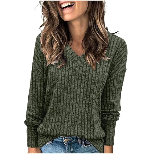Women's Jumpers V Neck Classic-fit Knitted Sweaters Brushed Strip Solid Color Ladies Jumper Long Sleeve Elegant Tunic Pullover Tops Autumn Winter Spring Suitable Sweater Thermal Jumpers