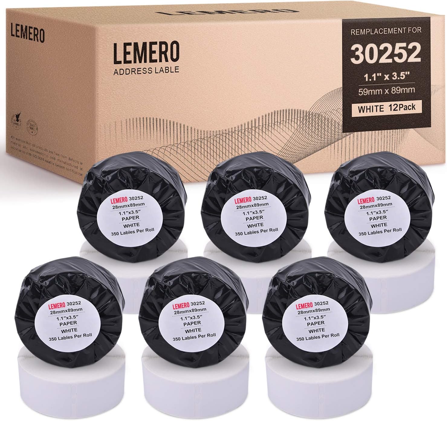 LEMERO Compatible with DYMO 30252 (1-1/8" x 3-1/2") Address & Barcode Labels - 28mm x 89mm Barcode Labels for DYMO Labelwriter 450, 4XL & Zebra Desktop Printers (350 Labels/Roll, 12 Rolls)