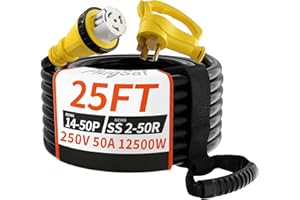 PlugSaf 50 Amp Generator Cord, 25FT 50 Amp RV Extension Cord with Twist Lock, Generator Cable 50A 4 Prong Yellow, NEMA 14-50P/SS2-50R Heavy Duty STW Wire for RV Camper & House