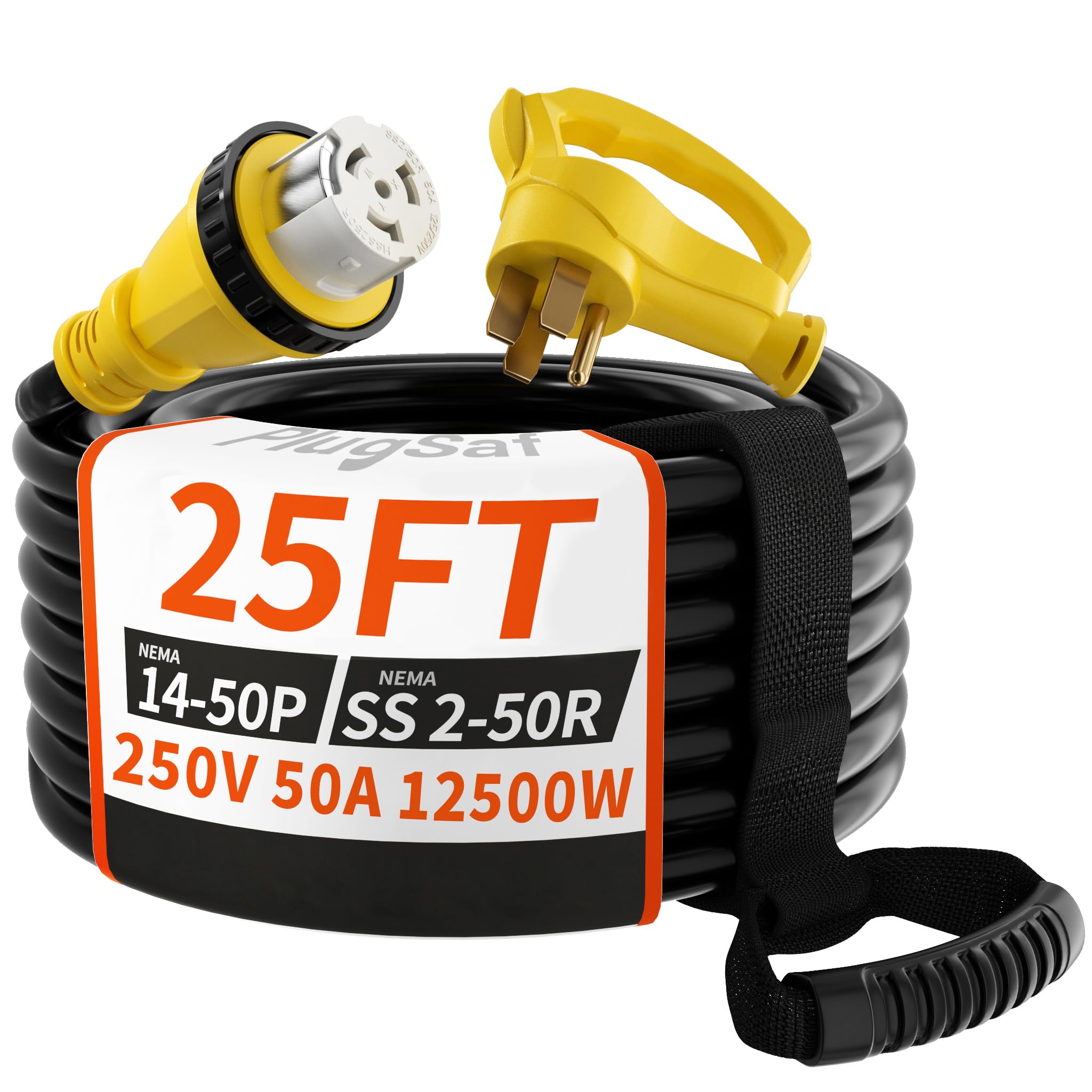 Photo 1 of PlugSaf 50 Amp Generator Cord, 25FT 50 Amp RV Extension Cord with Twist Lock, Generator Cable 50A 4 Prong Yellow, NEMA 14-50P/SS2-50R Heavy Duty STW Wire for RV Camper & House
