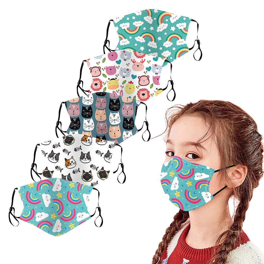 UK Stock 5PCS Kids_Protect_Cover_Mask Cotton Fabric Washable Reusable Activated Carbon Filters Pocket Insert Dinosaur Print Cute Animal Cat Dogs School Pack (B.5PCS)