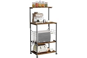 Bestier Kitchen Bakers Rack Microwave Stand Kitchen Cart on Wheels Utility Storage Shelf with 10 Side Hooks Kitchen Organizer Shelves with Adjustable Feet