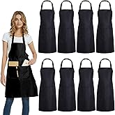 DUSKCOVE 8 Pack Bib Aprons Bulk - Unisex Black Commercial Apron with 2 Pockets for Kitchen Crafting BBQ Drawing Cooking