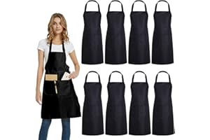 DUSKCOVE 8 Pack Bib Aprons Bulk - Unisex Black Commercial Apron with 2 Pockets for Kitchen Crafting BBQ Drawing Cooking