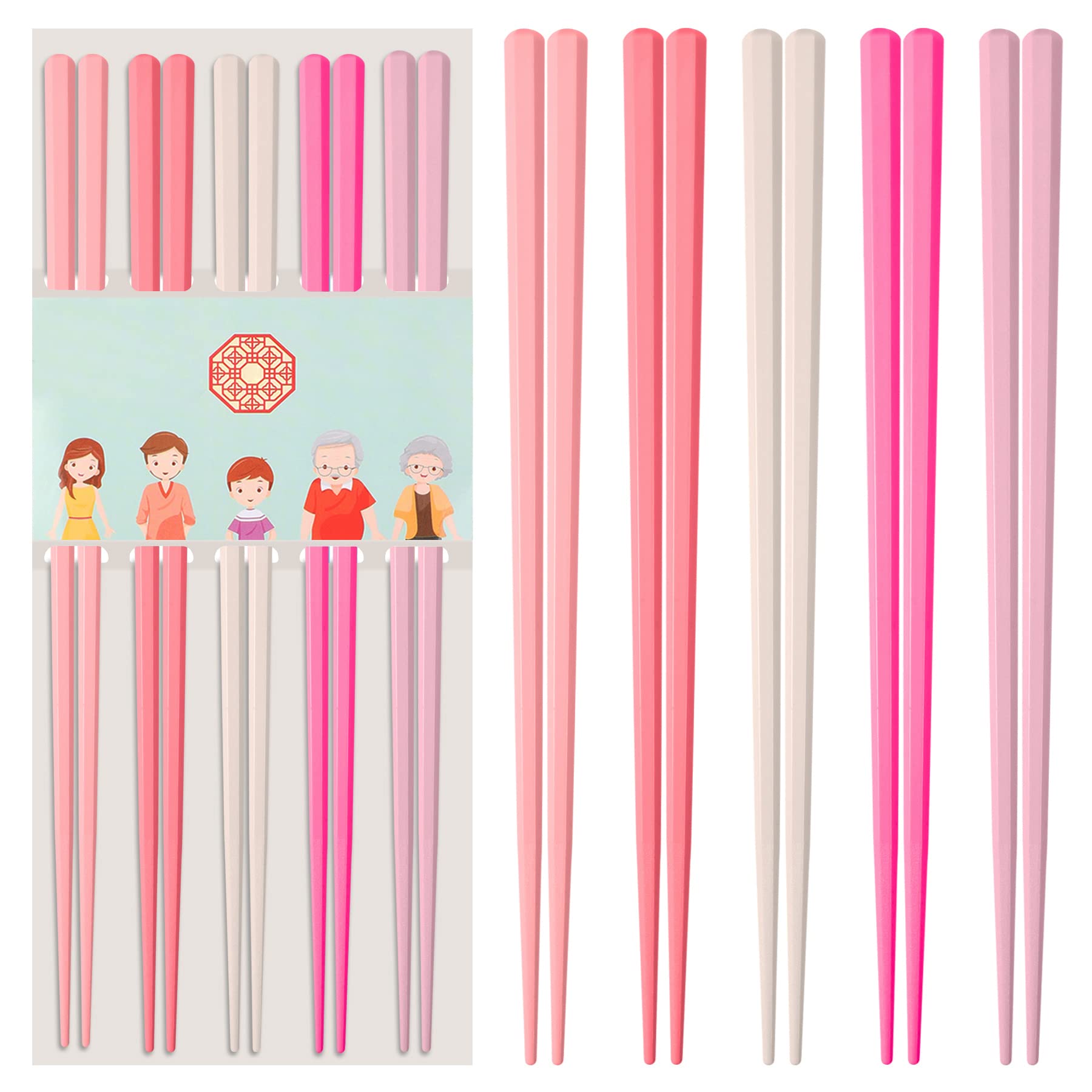 Slivek Premium Chopsticks - Reusable, Dishwasher Safe, Non-Slip, Lightweight - Japanese Chinese Korean Chopsticks - 23 cm, Macaron Pink, 5 Pairs