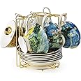 Van Gogh Bone China Set of 6 Cups and Saucers With Rack, Coffee Cup and Saucer Set With Gift Box, 8-Ounce Art Coffee Mugs Set