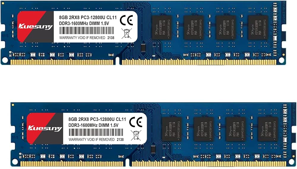 Kuesuny 16GB DDR3 1600MHz RAM Kit 2x8GB PC3-12800U Desktop Memory 1.5V CL11