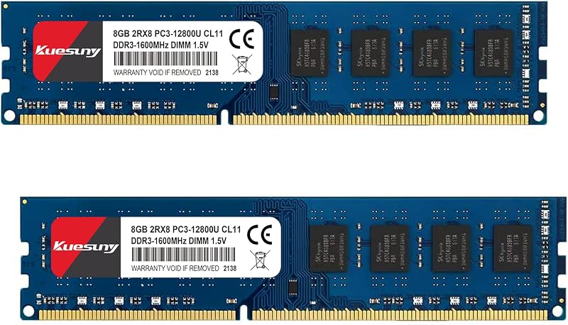 Kuesuny 16GB DDR3 1600MHz RAM Kit 2x8GB PC3-12800U Desktop Memory 1.5V CL11