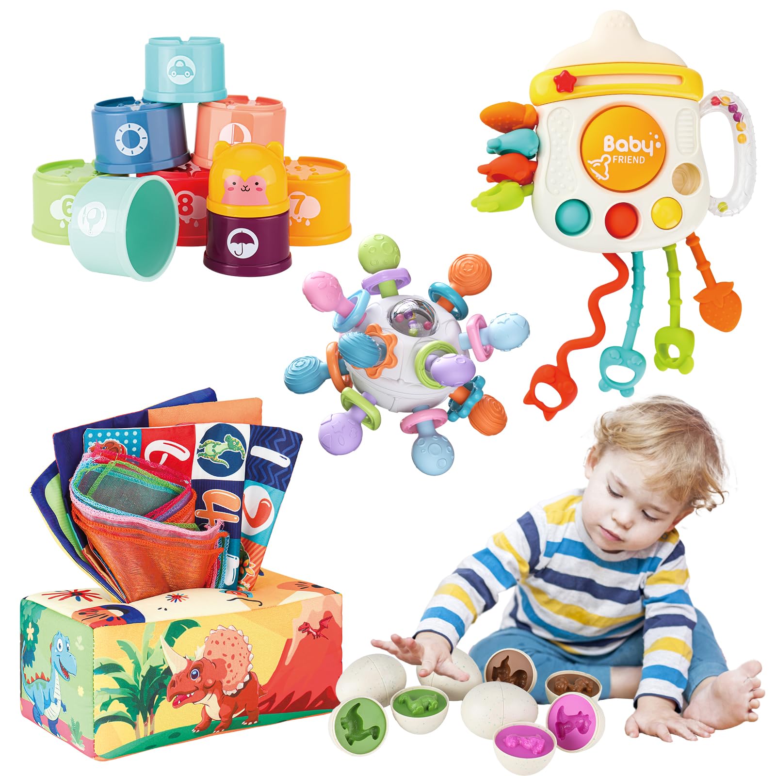KADAYAYA Baby Toys 6 12 18 Months, Montessori Boys for Infant Toddler, Rattles Teething Toy, Silicone Pull String Toys, Stacking Building Blocks, Baby Tissue Box, Dinosaur Matching Eggs