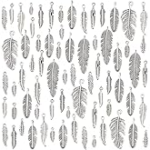 PH PandaHall 84pcs 14 Styles Feather Charms Pendants, Antique Silver Feathers Pendants Tibetan Style Metal Charm Beads for Dreamer Catcher Earring Necklace Bracelet Native Jewelry Making, 12~40mm