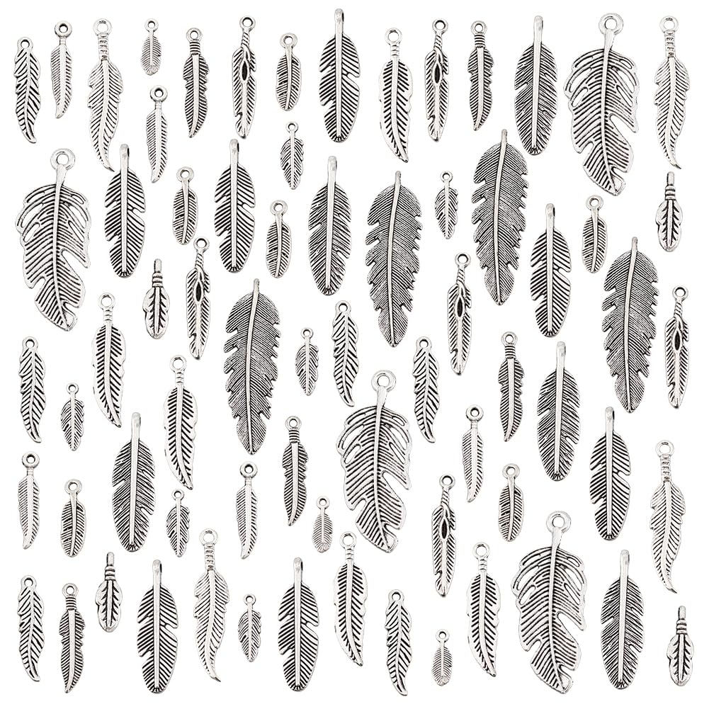 PH PandaHall 84pcs 14 Styles Feather Charms Pendants Feather Jewellery Antique Silver Feather Charms Metal Tibetan Style Beads for Dream Catcher, Necklace, Bracelet