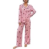 BEAUDRM Women's 2 Piece Striped Pajama Set Strawberry Graphic Long Sleeve Button Down Shirt and Pants Loungewear