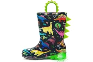 HugRain Toddler Boys Adorable Dinosaur Light Up Rain Boots