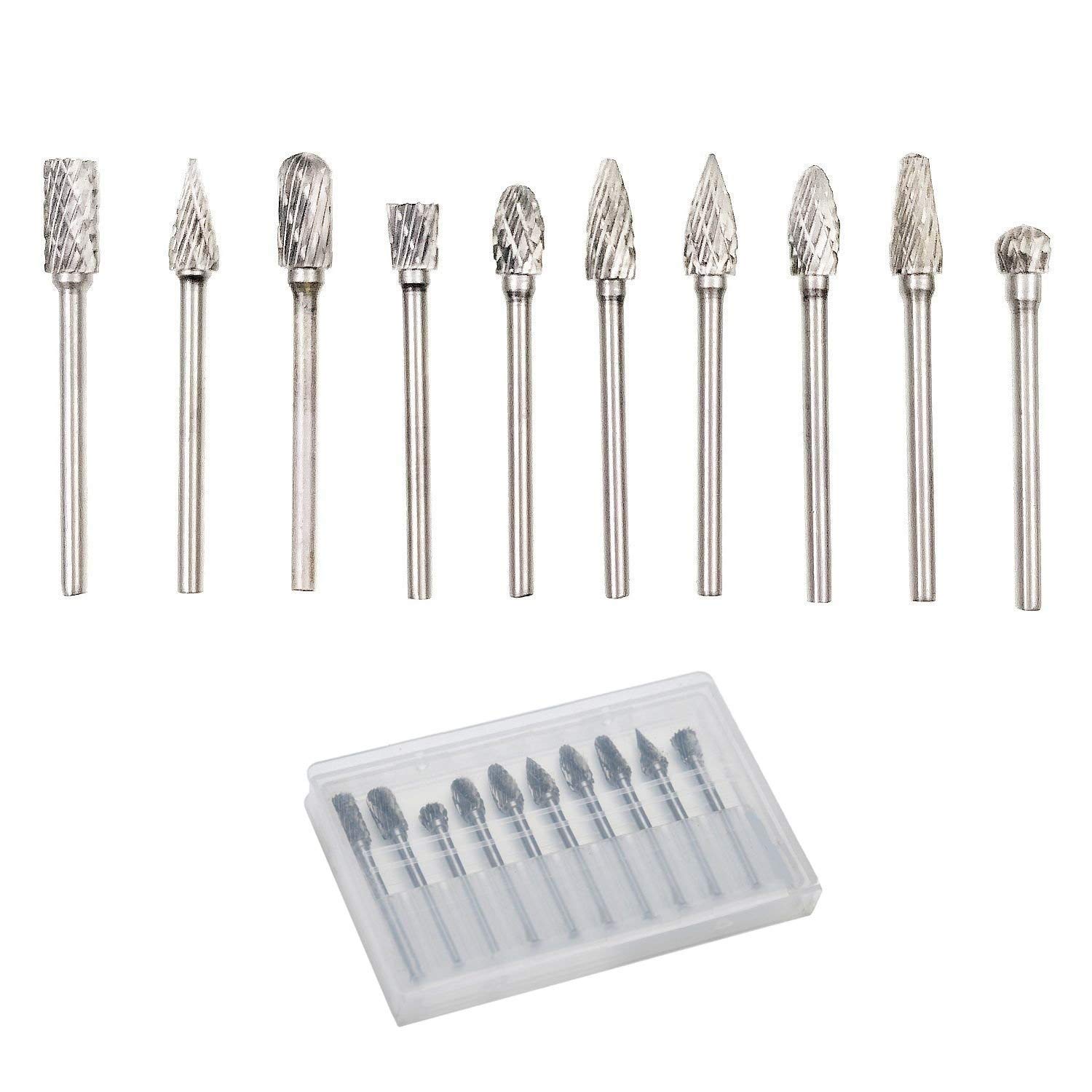 JZK Set of 10 PCS 3mm Tungsten Carbide Double Cut Rotary Burr Cutter Set Carving Tool Drill bits for dremel for Drilling Metal and Wood Engraving
