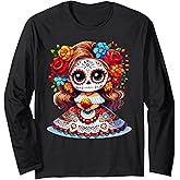 Cute Catrina Doll with Flowers Sugar Skull Halloween Costume Long Sleeve T-Shirt