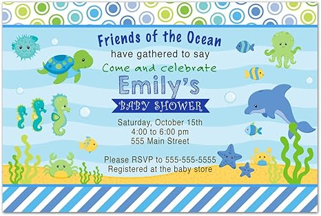 Amazon Com 30 Invitations Boy Baby Shower Aquarium Under The Sea Animals Personalized Cards 30 White Envelopes Kitchen Dining