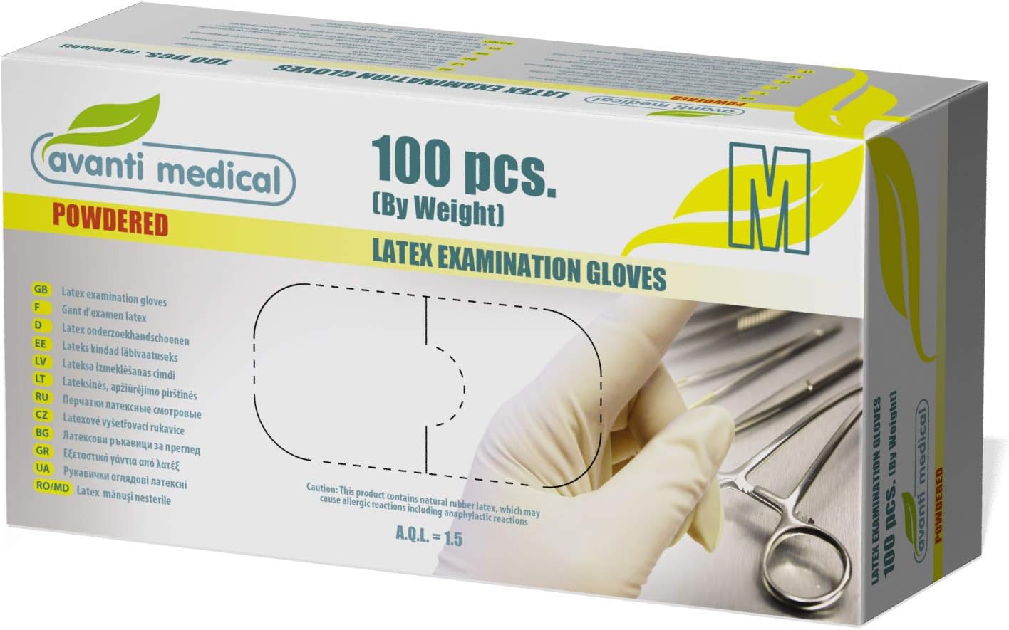 Avanti Latexhandschuhe – 100 Stück, Größe M, für medizinische Untersuchungen, zum Reinigen, für Küche und Lebensmittel, beidhändig, mit Puder