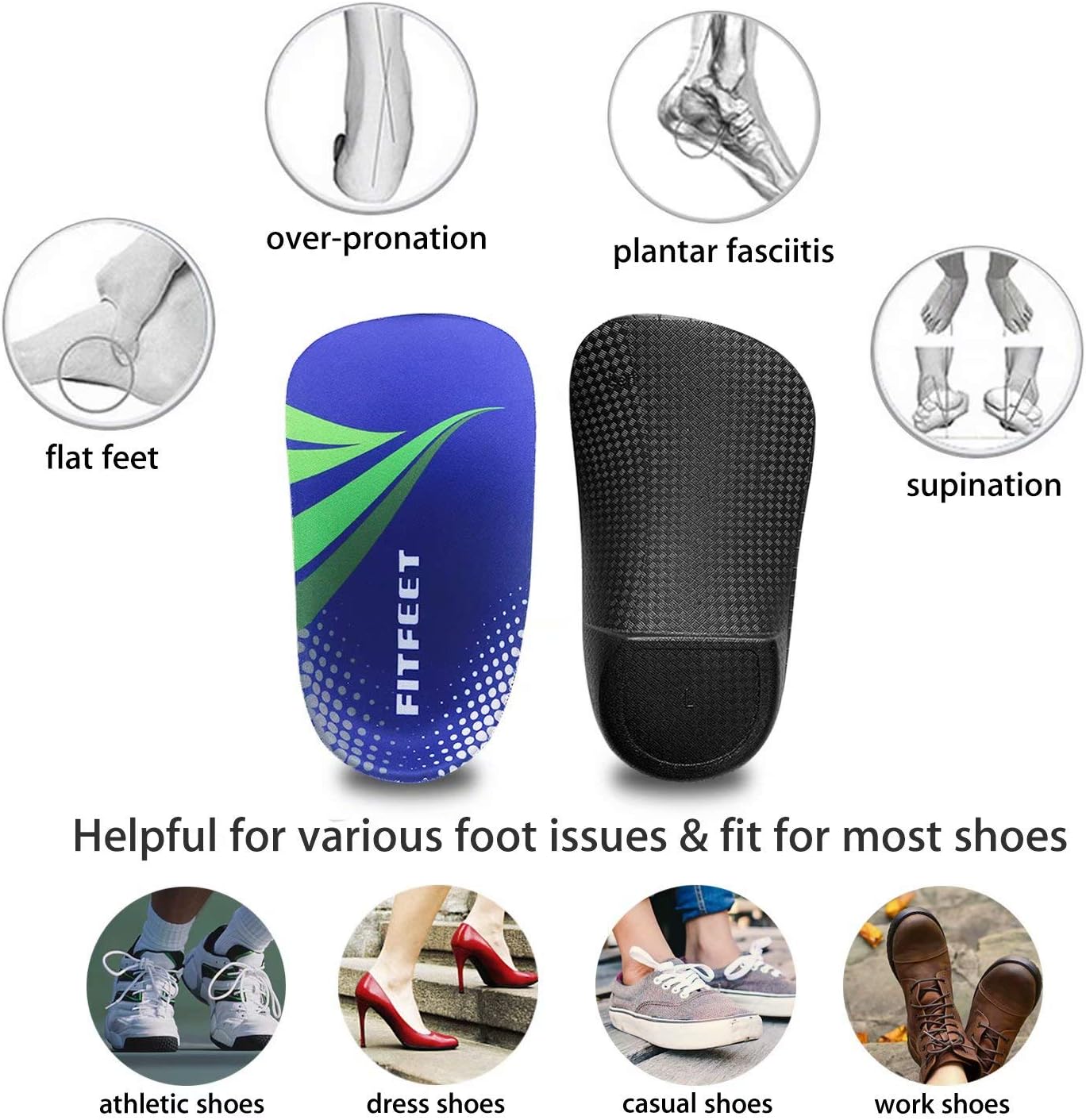 Orthotic Inserts 3/4 Length, High Arch Support Foot Insoles for Over-Pronation Plantar Fasciitis Flat Feet Heel Pain Relief Shoe Inserts for Running Sports Men Women, M|Men's 6.5-8.5, Women's 7.5-9.5: Health & Personal Care