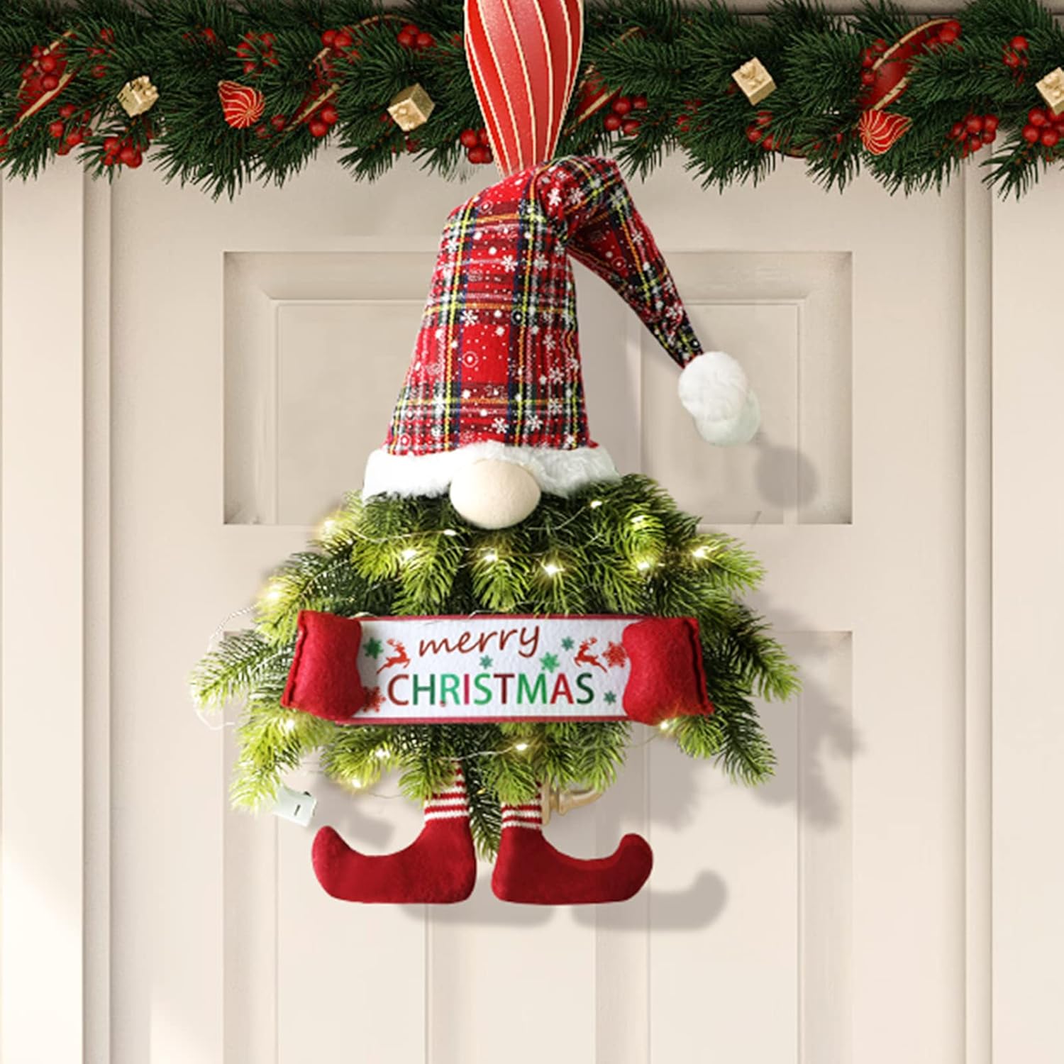 Wreaths, Garlands & Swags - 30 Inch Christmas Wreath Gnome, Pine Needle Christmas Gnome Wreath for Front Door, Hanging Ornament Swedish Tomte Christmas Decorations Wreath for Room Window Porch with Led String Lights