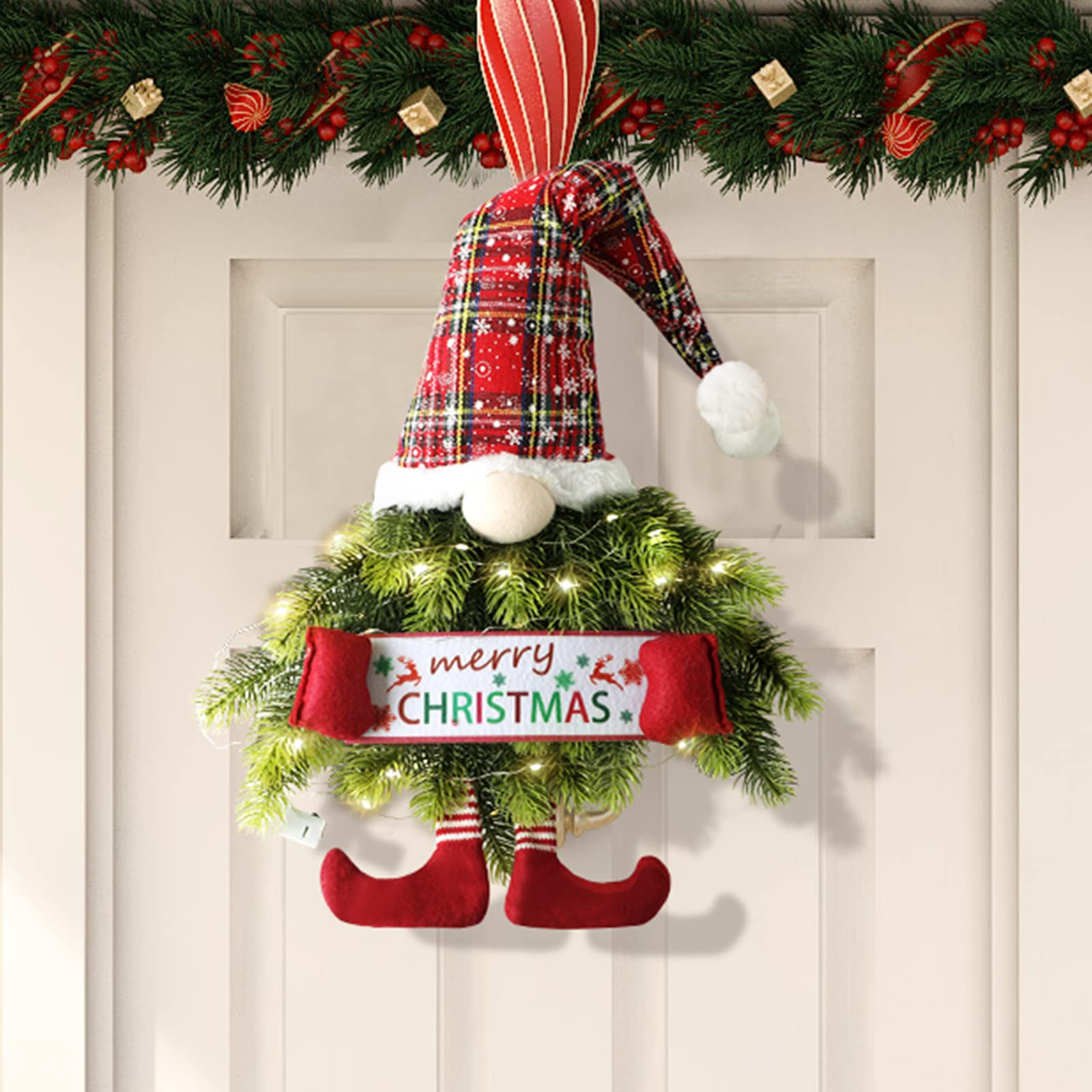 Photo 1 of 30 Inch Christmas Wreath Gnome, Pine Needle Adult Toy Gnome Wreath for Front Door, Hanging Ornament Swedish Tomte Christmas Decorations Wreath for Room Window Porch with Led String Lights