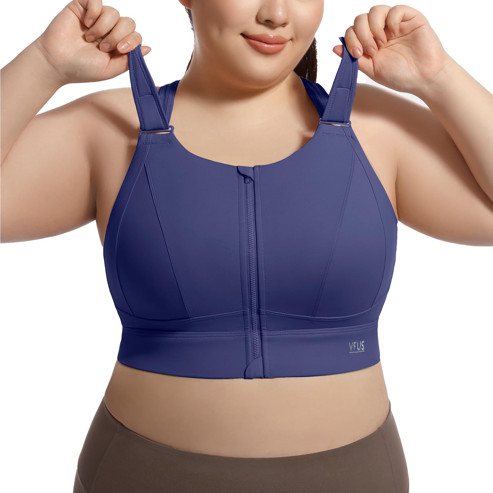 Photo 1 of VFUS High Impact Sports Bras for Women Adjustable Zip Front Plus Size Workout Bra Full Coverage Removable Padded Running (XX-Large Plus, Navy)