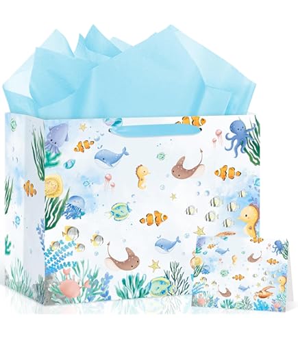 13 Inch Large Baby Boy Gift Bag Set - Includes Bag, Tissue, Card & Stickers, Sea Creatures Theme