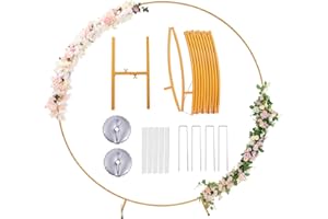 Round Backdrop Stand Gold Wedding Arch Xhakchik Metal Balloon Arch Stand with Guide Rope Circle Backdrop Stand with Base Baby Shower Decoration (6.5FT Arch)