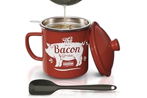 PGYARD Bacon Grease Container With Strainer, 46OZ Large Enamel Grease Container, With Silicone Spatula, Farmhouse Bacon Grease Keeper, Cooking Oil Container For Kitchen Fat Storage, Dishwasher Safe-Red