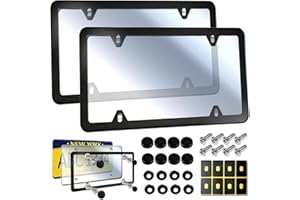 BGMVFK License Plate Cover Frame Combo- Universal Front Rear Protector, Clear Flat Car Tag Cover & Black Aluminum Frame Holder with Screws Caps, 2 Sets