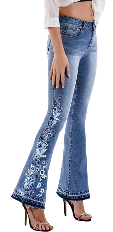Buy CHARTOU Womens Chic Floral Embroidered High-Rise Bell Bottom Flare