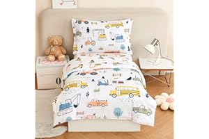 URBONUR 4-Piece Toddler Bedding Set for Boys Construction Car Printed Vehicles Toddler Comforter Set with Sheets Lightweight and Soft Perfect for Kids 2-6 Year Old Toddler Bed in a Bag