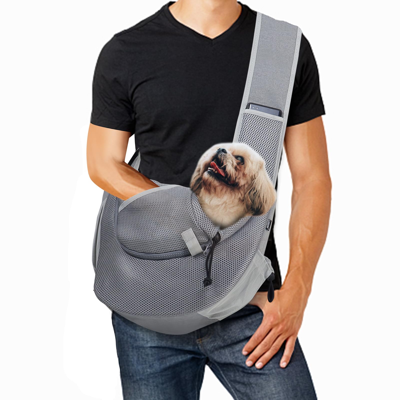Gloppie Dog Carriers for Small Dogs Puppy Sling Carrier Cat Carry Bag Pet Hands Free Breathable Mesh Adjustable Shoulder Strap Tote Bag Medium Up to 10 lbs, Grey