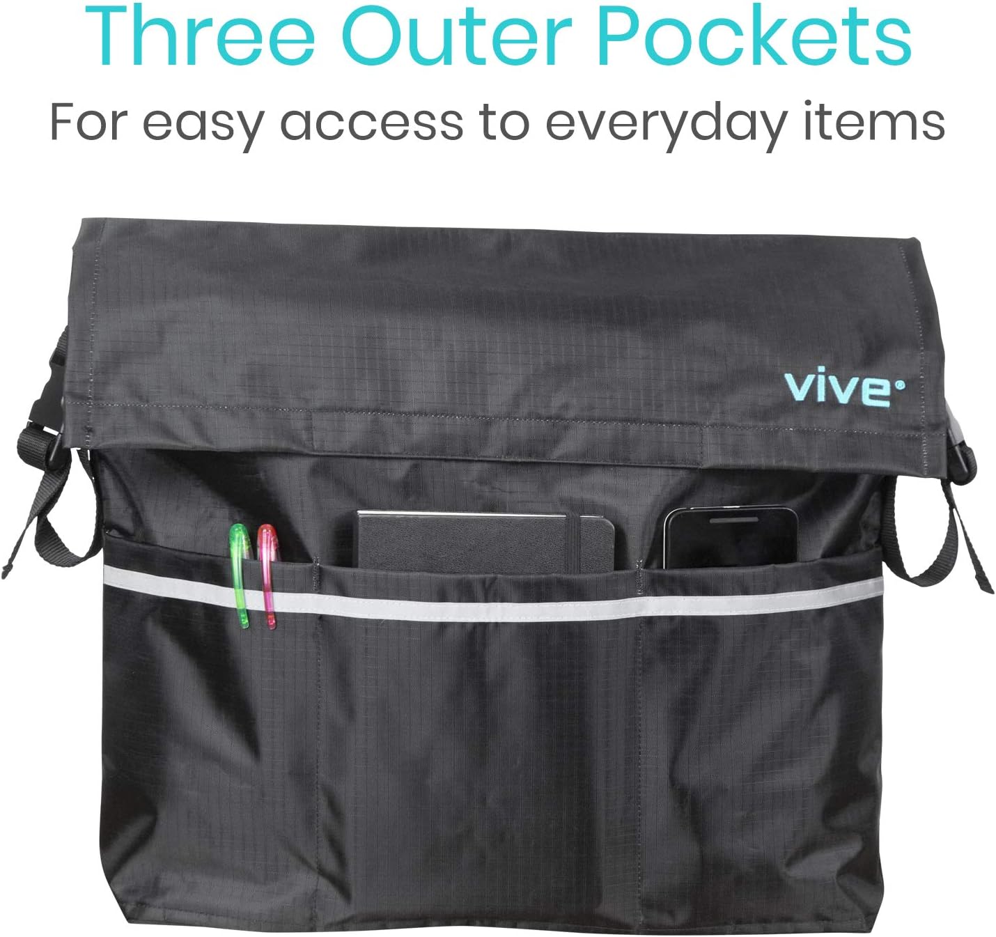 Vive Wheelchair Bag - Wheel Chair Storage Tote Accessory for Carrying Loose Items and Accessories - Travel Messenger Backpack for Men, Women, Handicap, Elderly - Accessible Pouch and Pockets, Black: Health & Personal Care