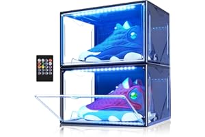 OLTRAMAN Shoe Storage Organizer for Closet, Foldable Shoe Boxes Rack 2 Pack, Clear Plastic Stackable Containers Bins Holder, Magnetic Sneaker Shelf for Sneakerheads with LED Lights (Black)