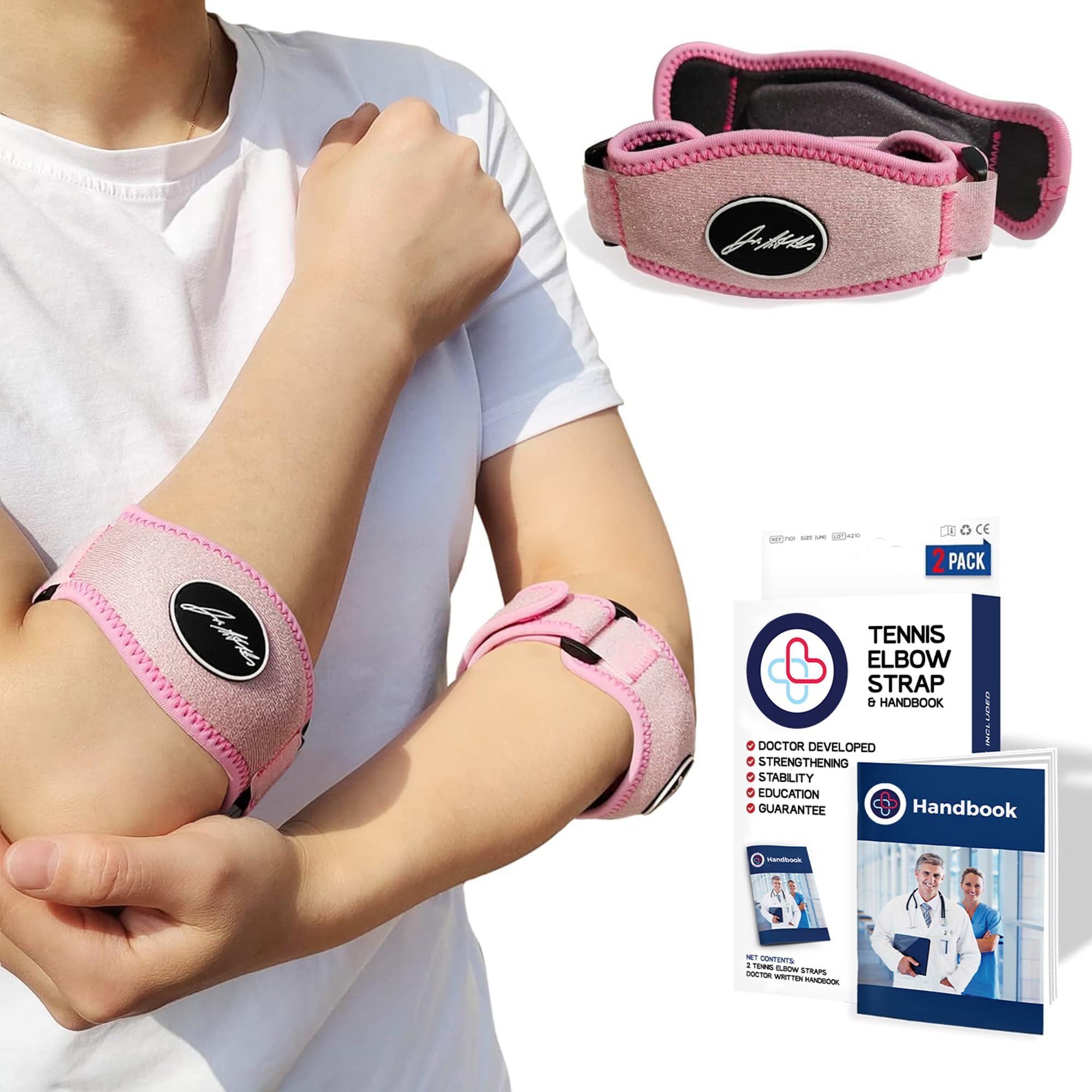 Dr.Arthritis Tennis Elbow Support Strap & Doctor Handbook - Reliable Elbow Support For Men & Women - For Daily Wear, Rapid Pain Relief From Tendonitis (Pink)