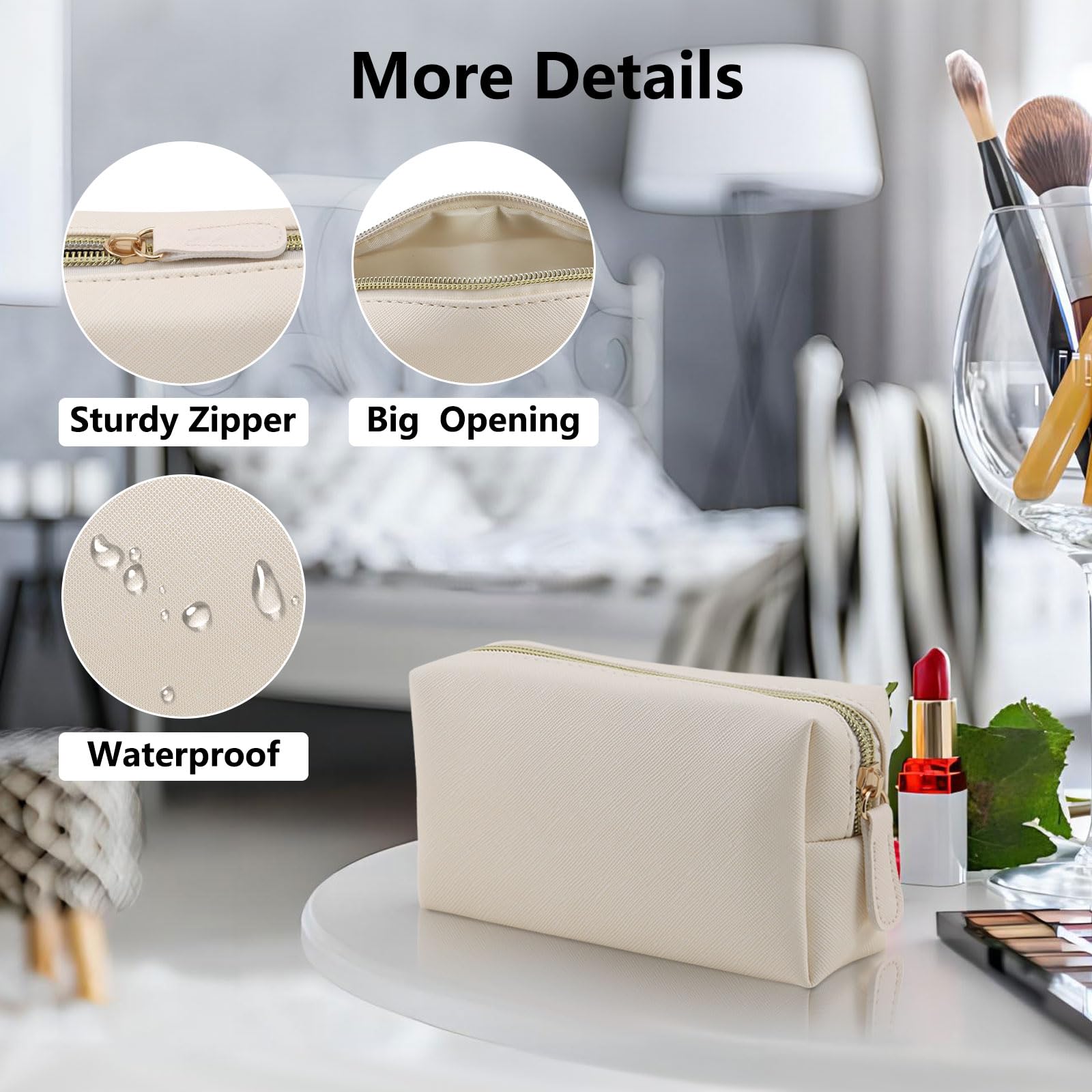 Apooliy Leather Makeup Bag for Purse Travel, Portable Small Cosmetic Organizer for Women and Girls, Make up Bag with Zipper