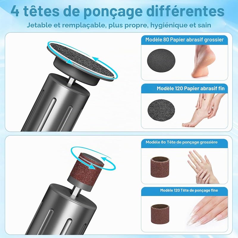 Dissolvant de callosités électrique LED 2 en 1 avec 6 vitesses réglables en continu et limes permanentes et polissoir à ongles remplaçable pour le soin professionnel des pieds