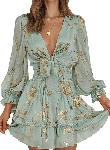 Dokotoo Fall Dresses for Women 2025 Casual Summer Sexy V Neck Ruffle  Elegant Long Sleeve Empire Waist Tie Knot Chiffon Swing A Line Flowy Mini  Short Skater Dresses Floral Dress for Women
