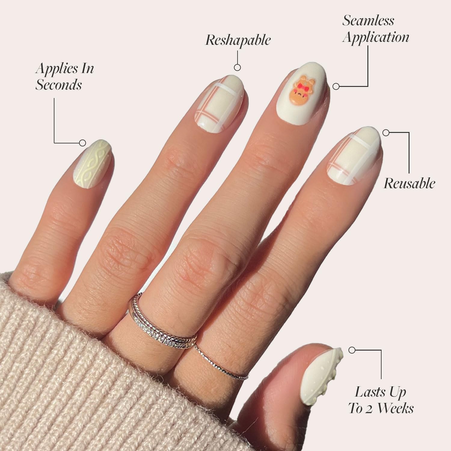 Glamnetic Press On Nails - Gingerbread Knit | Graphic Gingerbread Sweater Knit 3D Opaque Short Oval False Nails, Reusable Stick On Fake Nails with Glue | Salon Quality | 15 Sizes - 30 Nail Kit - Image 3