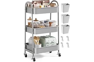 OSIVAEX Gray 3 Tier Rolling Storage Cart on Wheels, Sturdy Metal Organizer Cart with Wheels and Handle, Three Tiered Utility Carts for Book, Art, Craft, Snack, Cleaning, Kitchen, Easy Assembly, Mesh Shelves