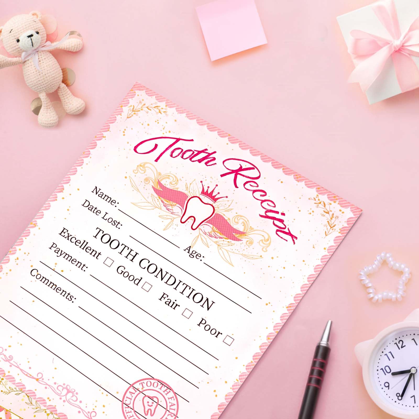 GerRiT 20 Tooth Fairy Receipt Cards Tooth Fairy Notes Certificate Keepsake First Lost Tooth Fairy Gifts for Girls Envelopes